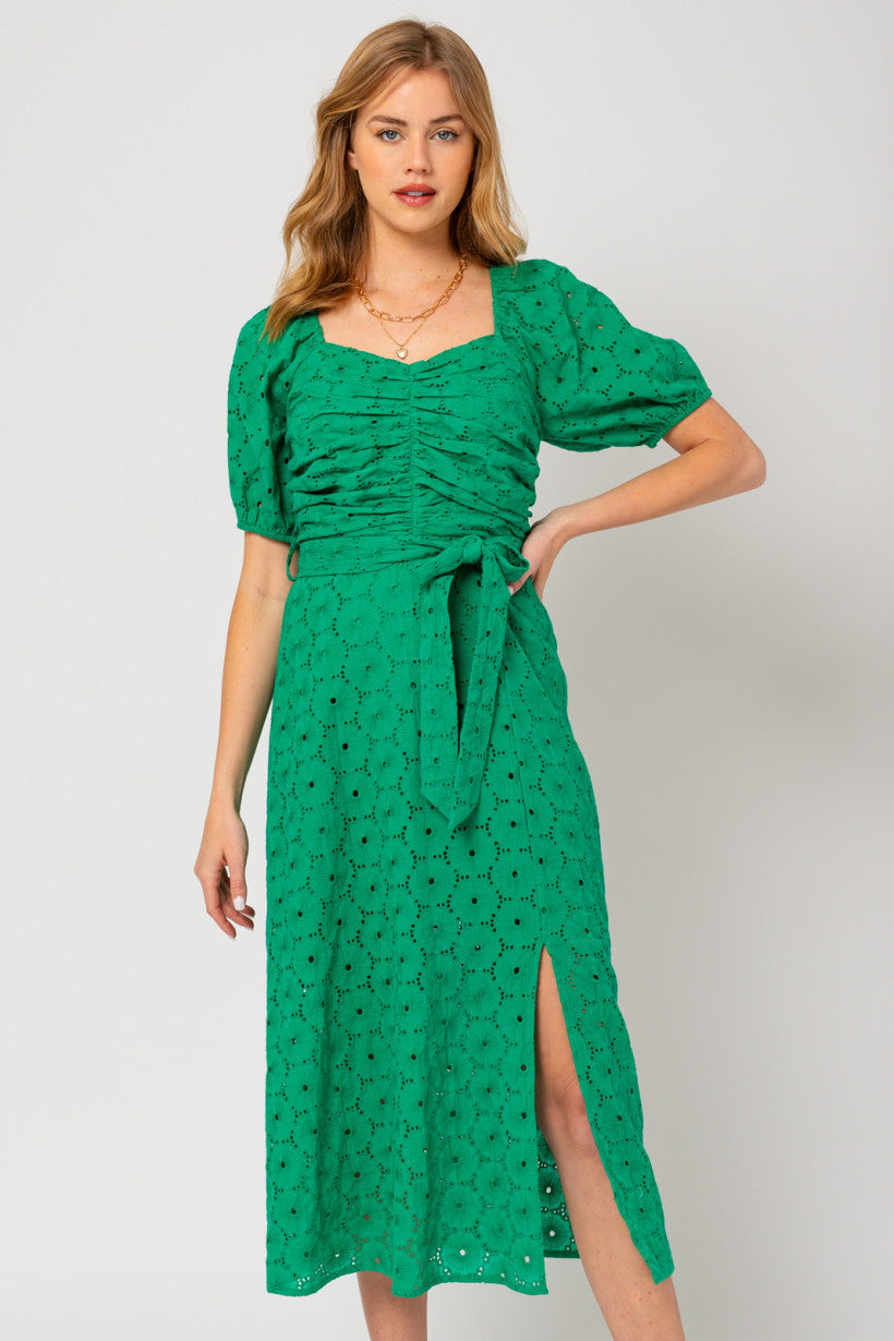 Eyelet Ruched Green Dress