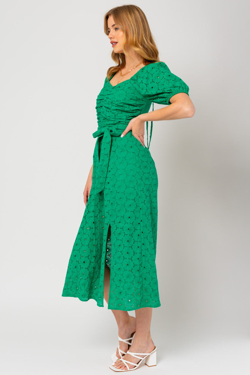 Eyelet Ruched Green Dress