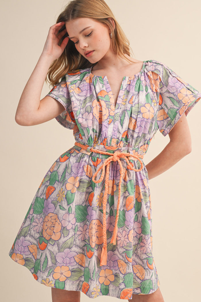 Floral Rope-Tie Mini Dress