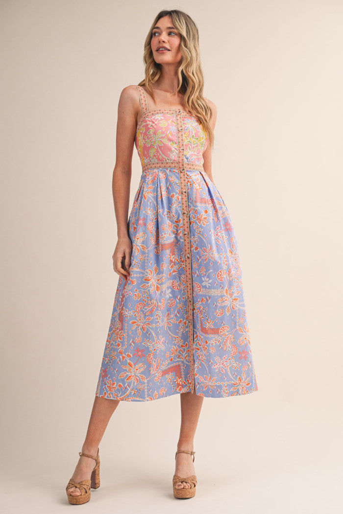 front open midi dress Floral Button-Front Midi Dress M / CORNFLOWER