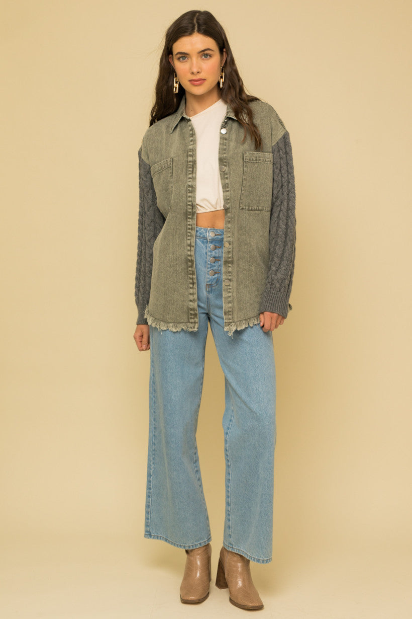 Cable Knit Sleeve Fringe Hem Shacket