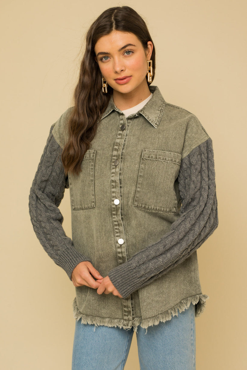 Cable Knit Sleeve Fringe Hem Shacket