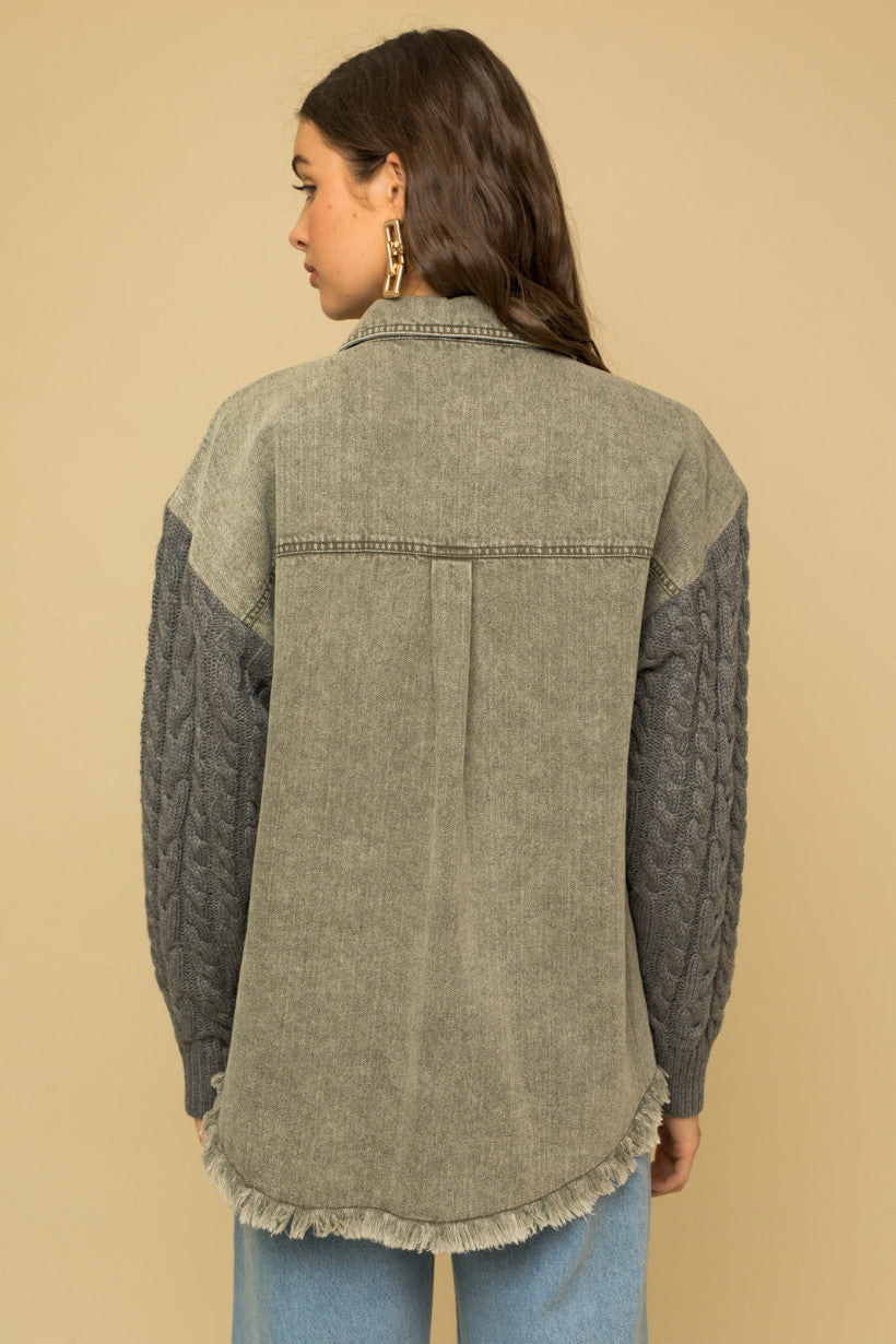 Cable Knit Sleeve Fringe Hem Shacket