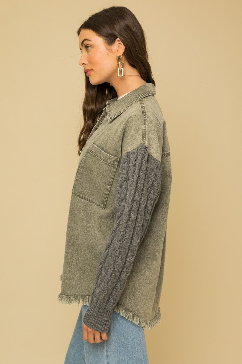 Cable Knit Sleeve Fringe Hem Shacket