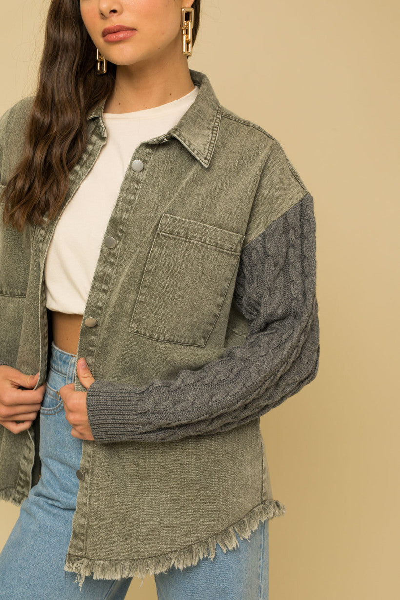 Cable Knit Sleeve Fringe Hem Shacket