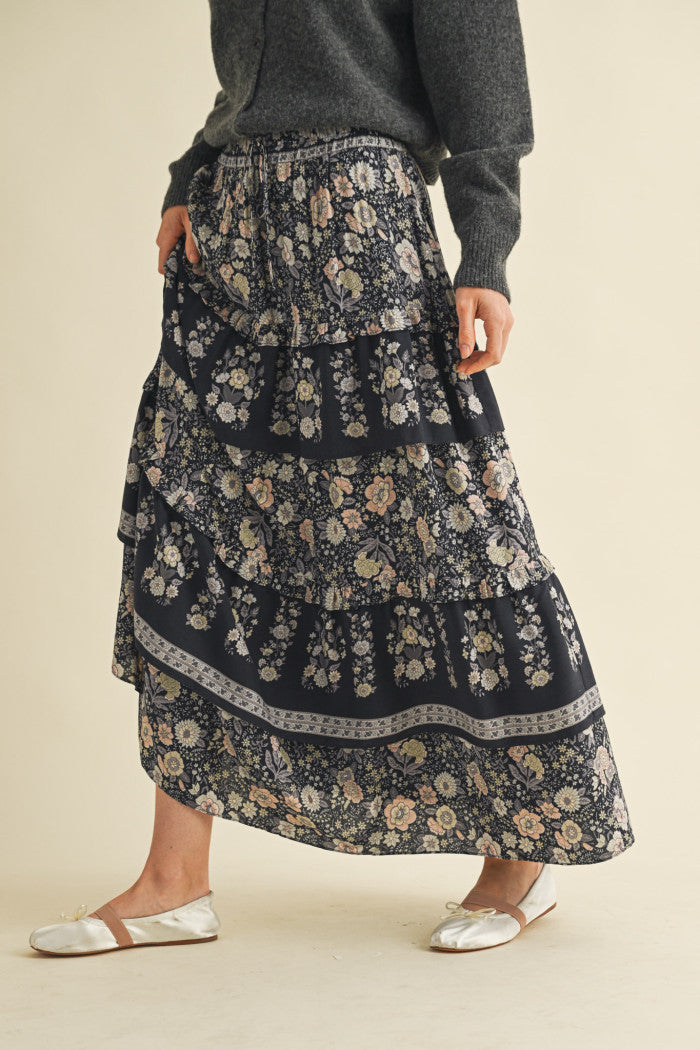 Black Floral Ruffle Skirt
