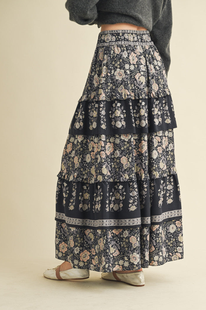 Black Floral Ruffle Skirt