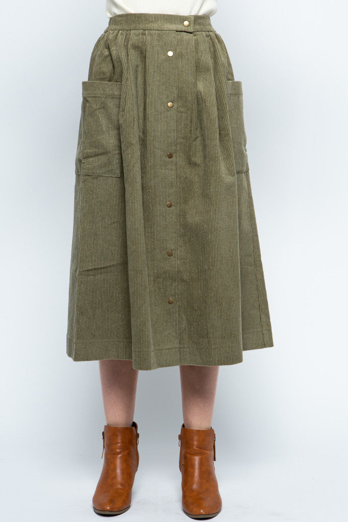 Olive Corduroy Pocket Skirt