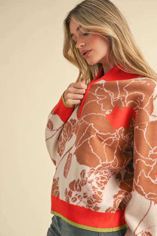 Half Zip Floral Pullover Sweater