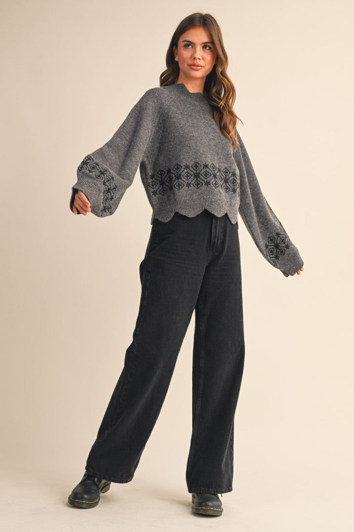 Scalloped Neckline Embroidered Sweater