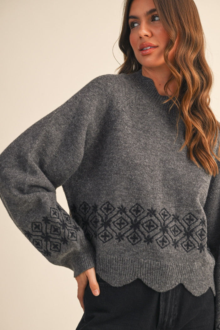 Scalloped Neckline Embroidered Sweater