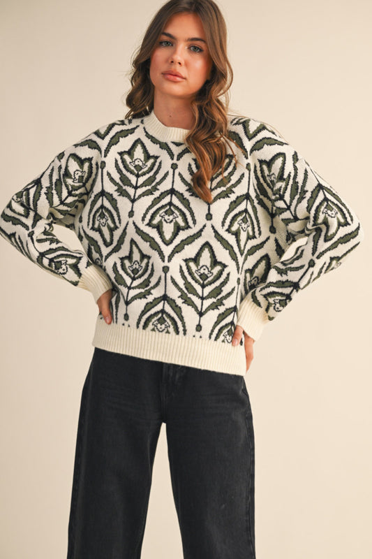 Ribbed Neck Floral Sweater