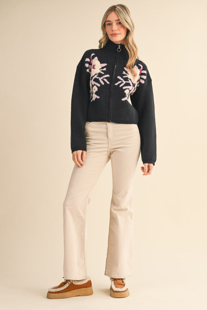 Floral Zip-Up Sweater