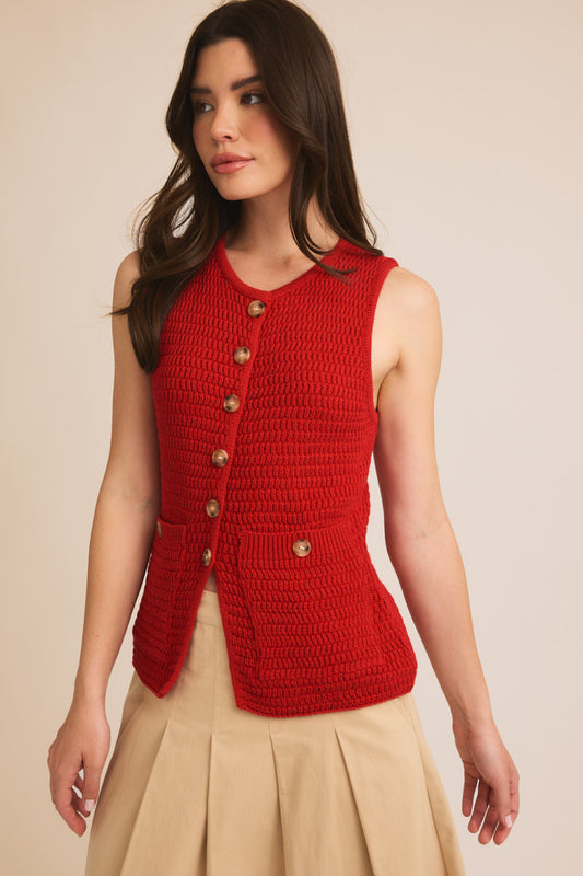 Button Sweater Vest - Red