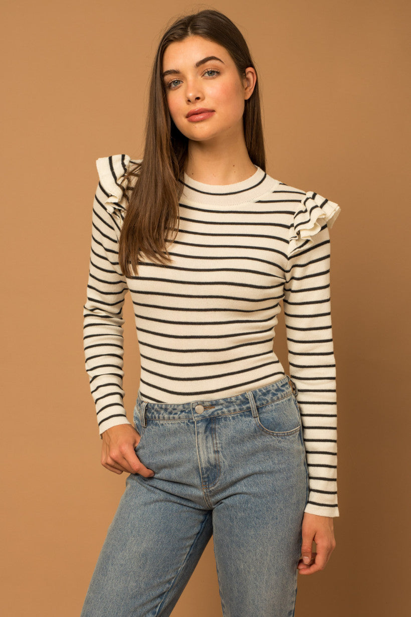 Ruffle Shoulder Striped Bodysuit
