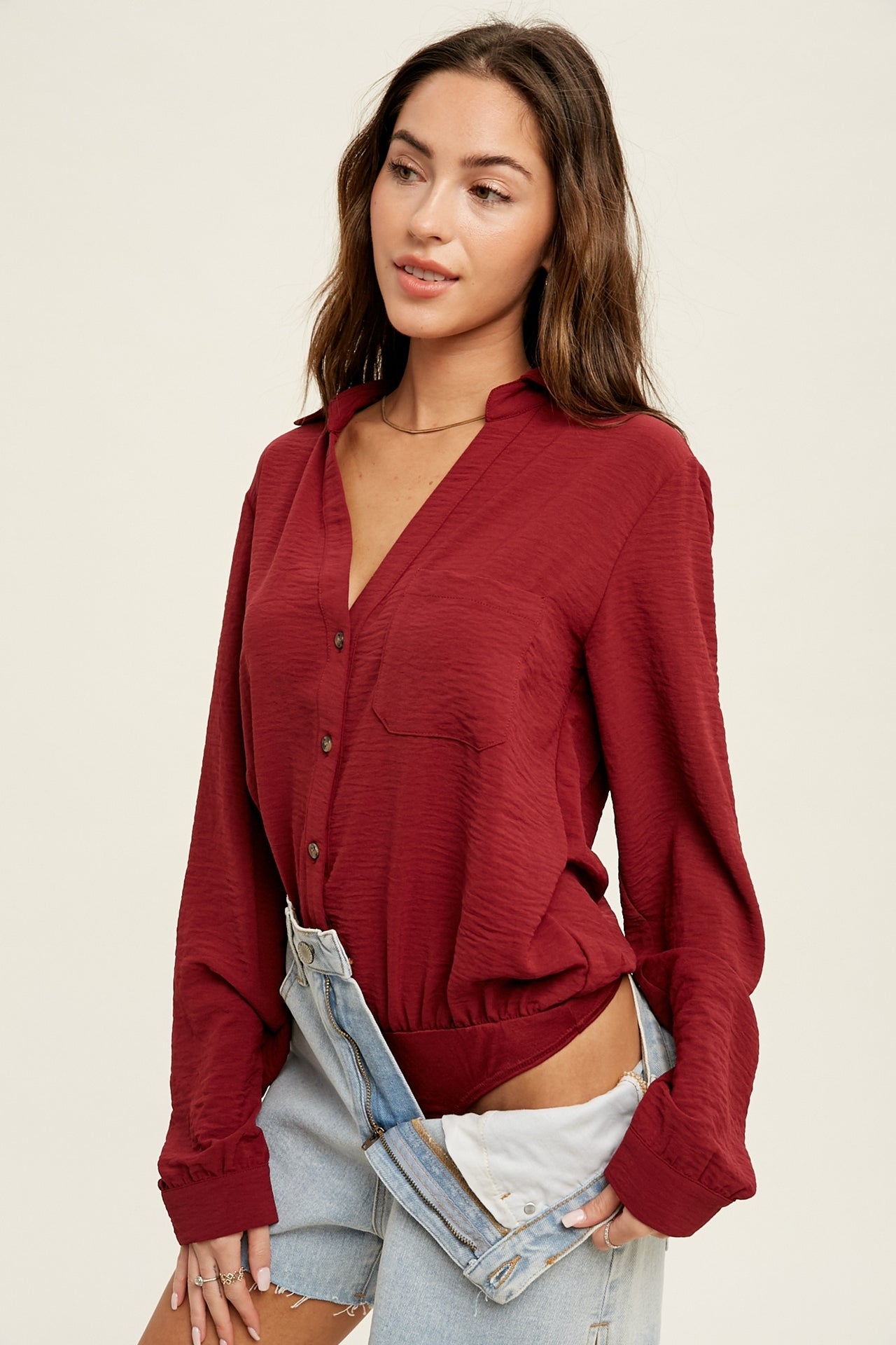 Crinkle Button Up Thong Bodysuit