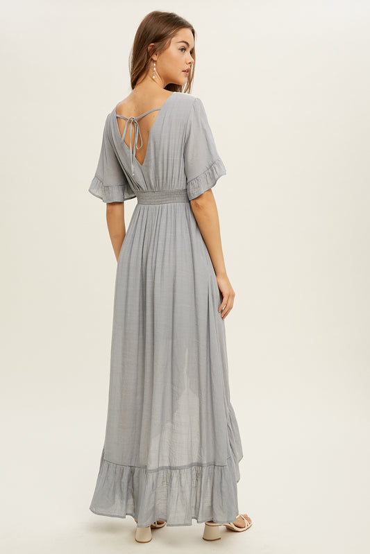 Lace Trim Hi Low Open Back Ruffled Dress