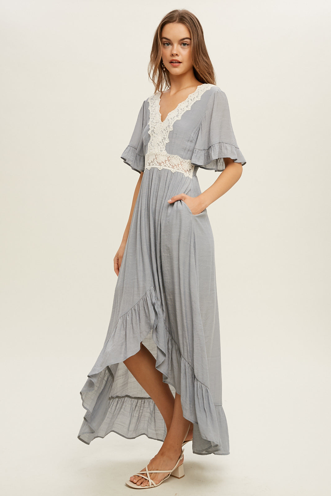 Lace Trim Hi Low Open Back Ruffled Dress