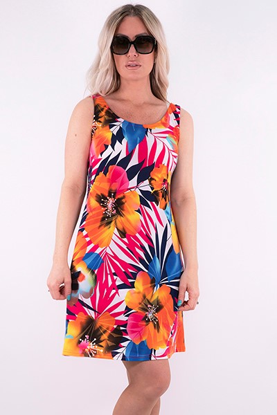 Orange and Fuchsia Tropical Print Mini Dress