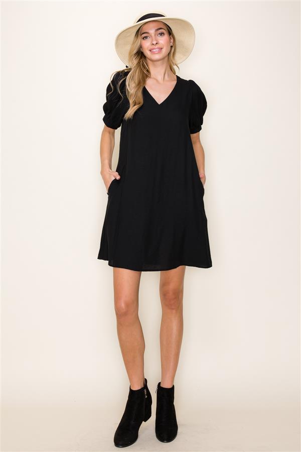 Puff Half Sleeve V-Neck Black Dress
