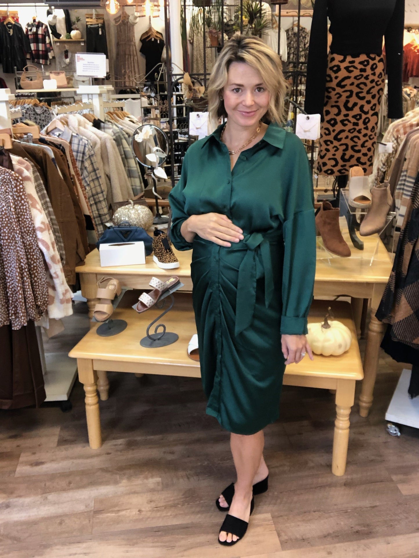 Green Satin Long Sleeve Front Button Dress