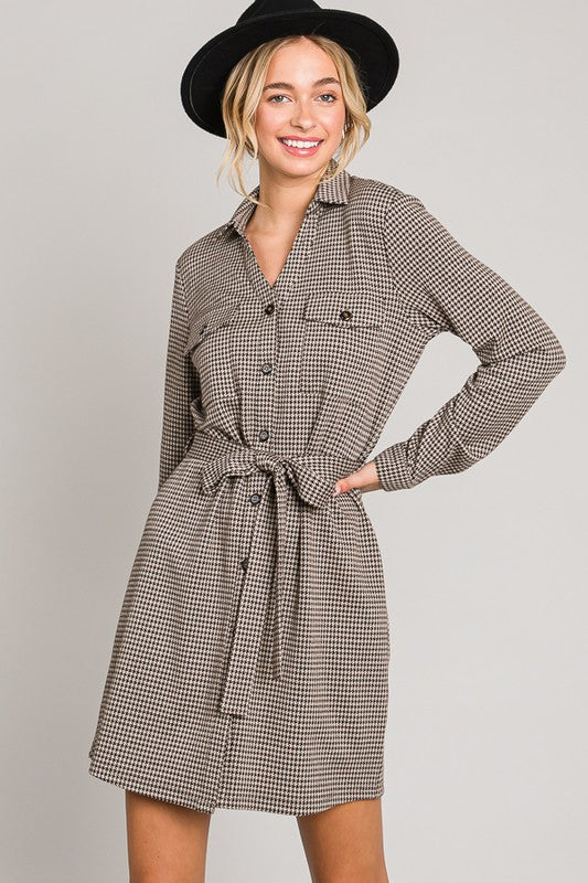 Cocoa Gingham Print Waist Tie Shirt Dress