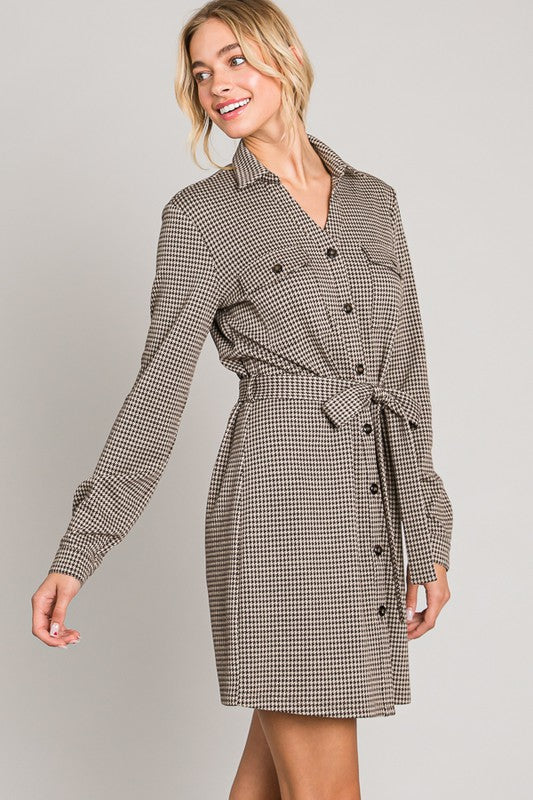 Cocoa Gingham Print Waist Tie Shirt Dress