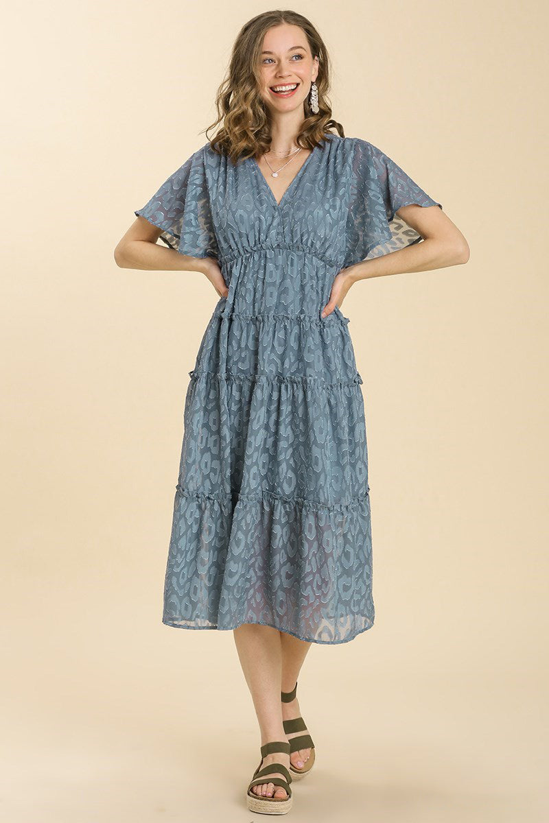 Tiered V-Neck Short Sleeve Animal Print Ruffle Dress