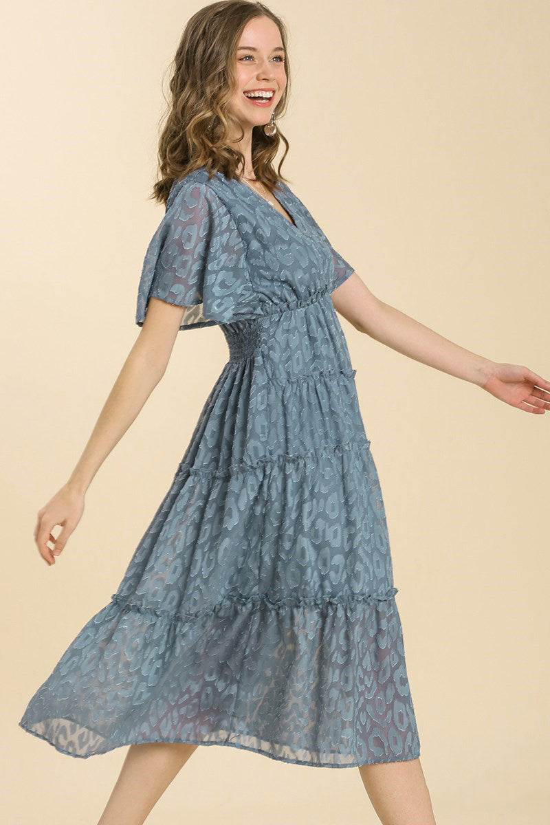 Tiered V-Neck Short Sleeve Animal Print Ruffle Dress