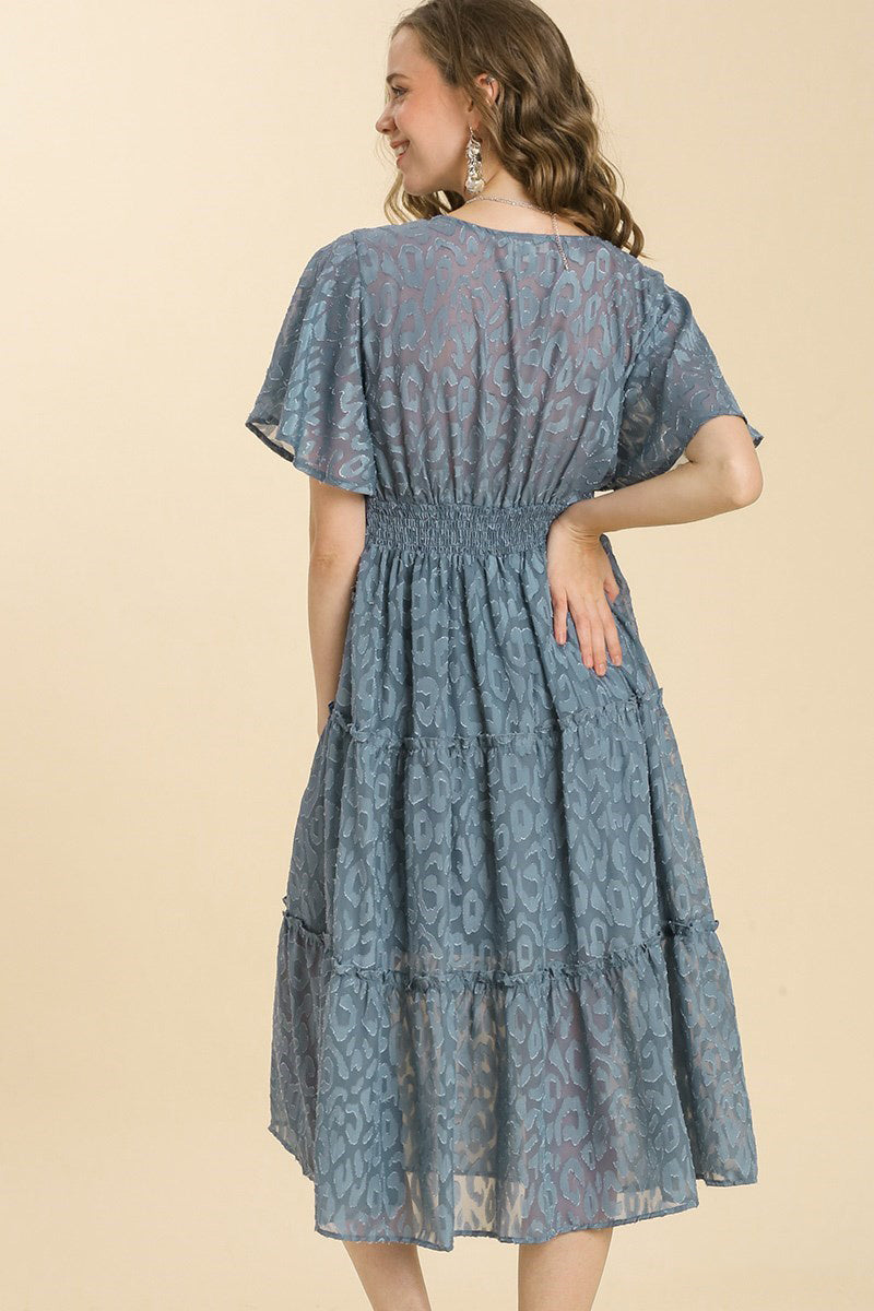 Tiered V-Neck Short Sleeve Animal Print Ruffle Dress