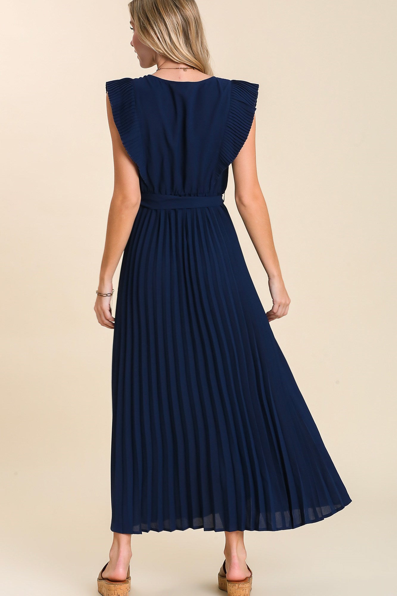Navy Accordion Pleated V-Neck Dress