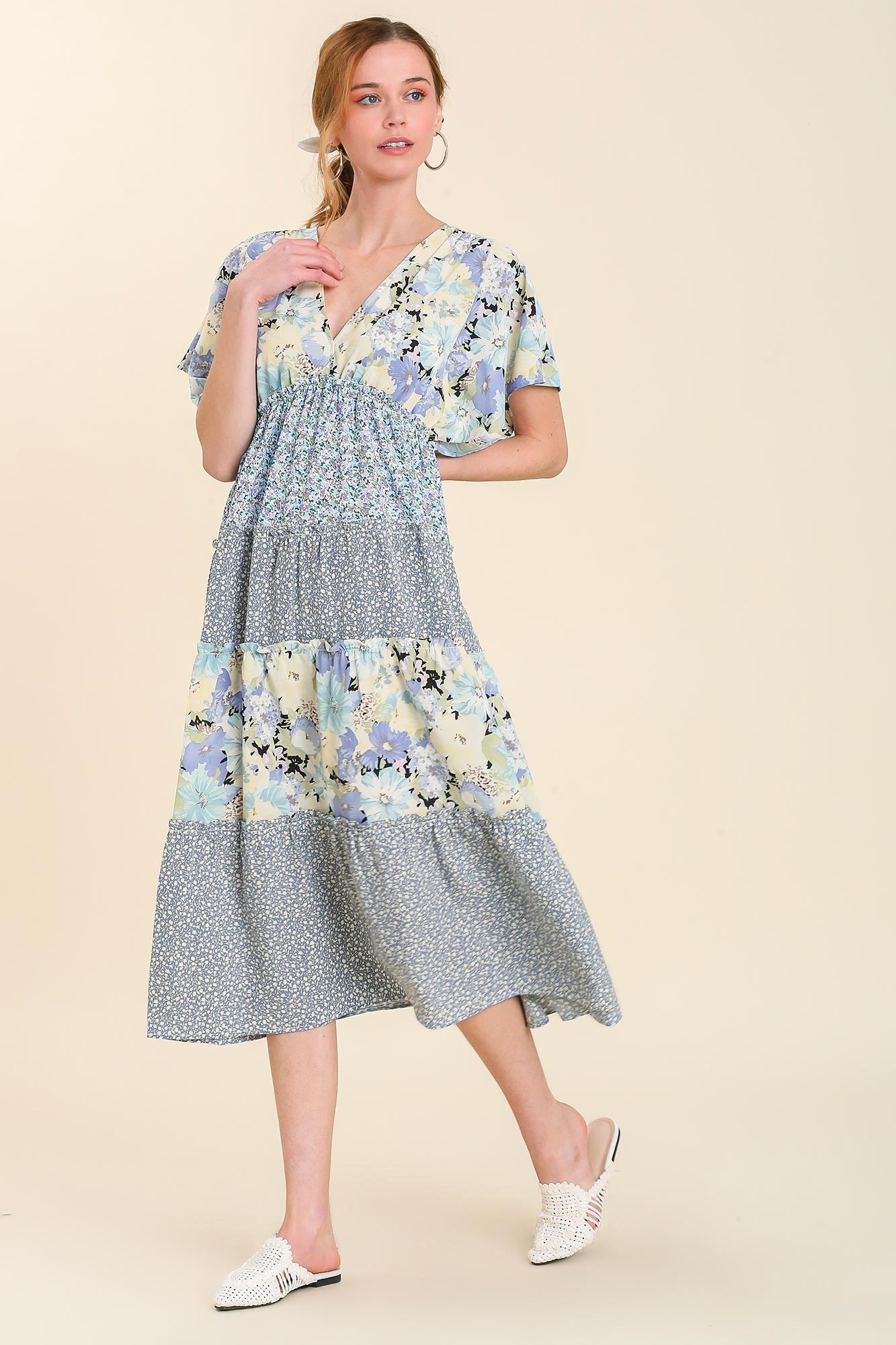 Purple Floral Mixed Print Tiered Dress