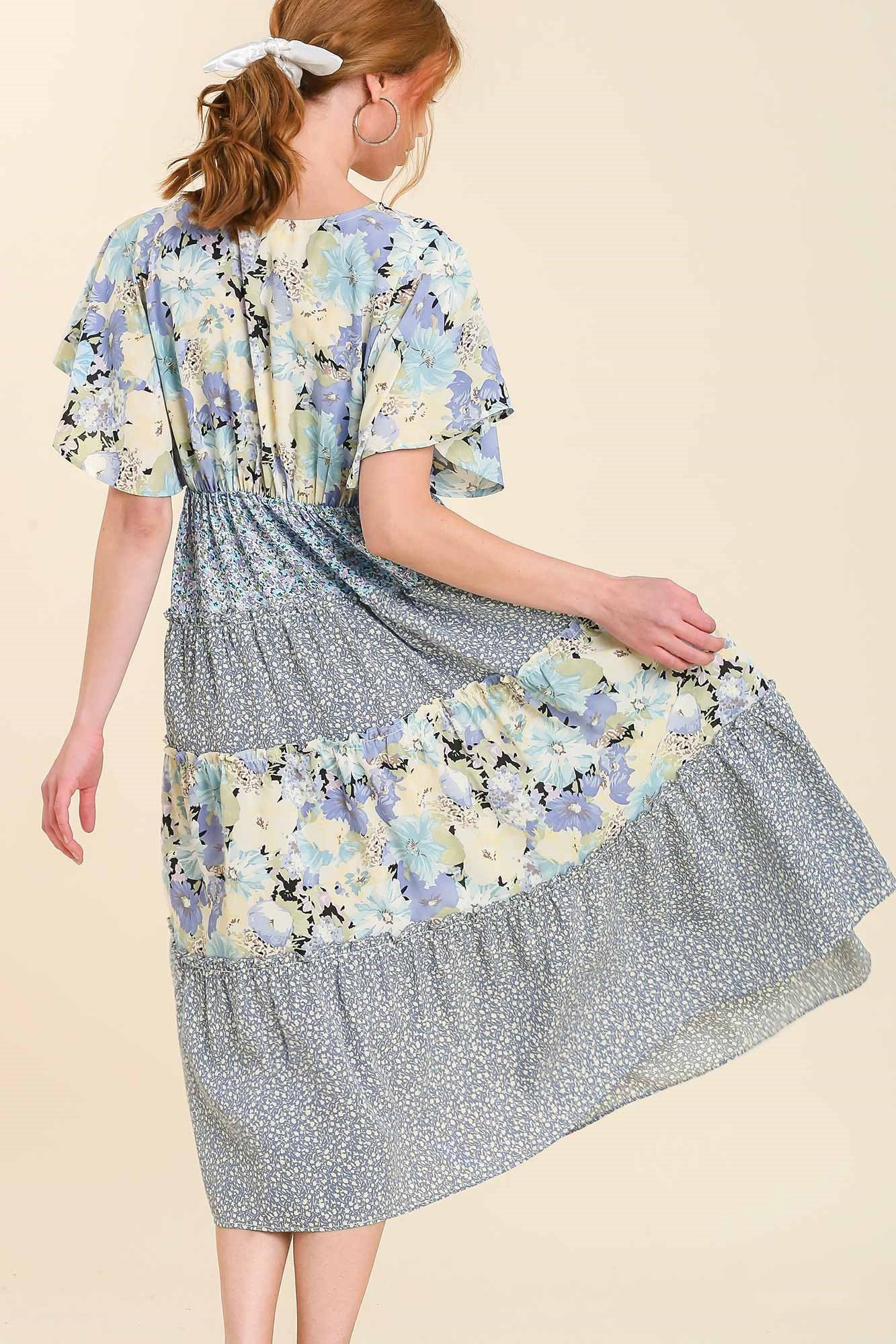 Purple Floral Mixed Print Tiered Dress