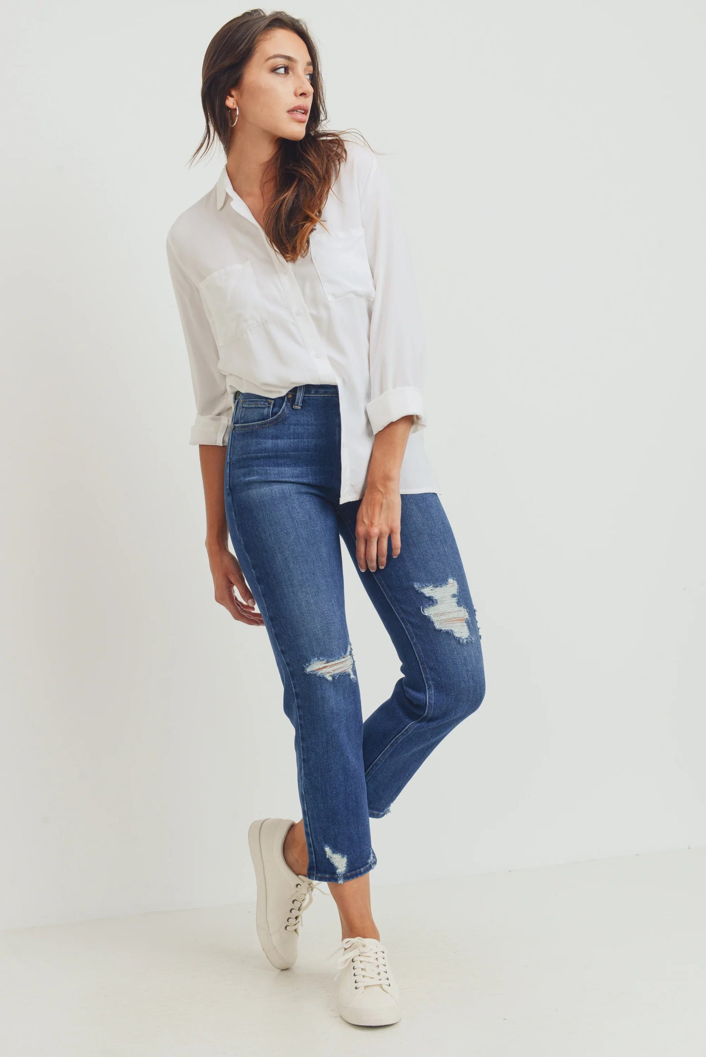 Hi Rise Cropped Straight Distressed Jeans - Dark Denim
