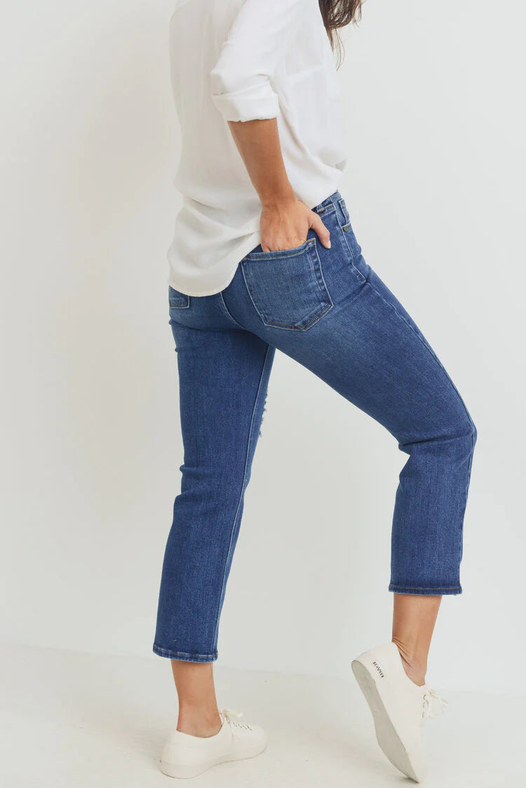 Hi Rise Cropped Straight Distressed Jeans - Dark Denim