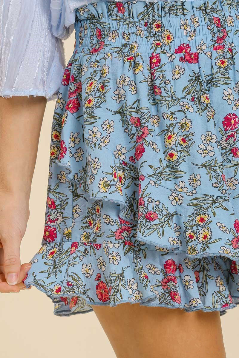 Light Blue Floral Ruffled Skort