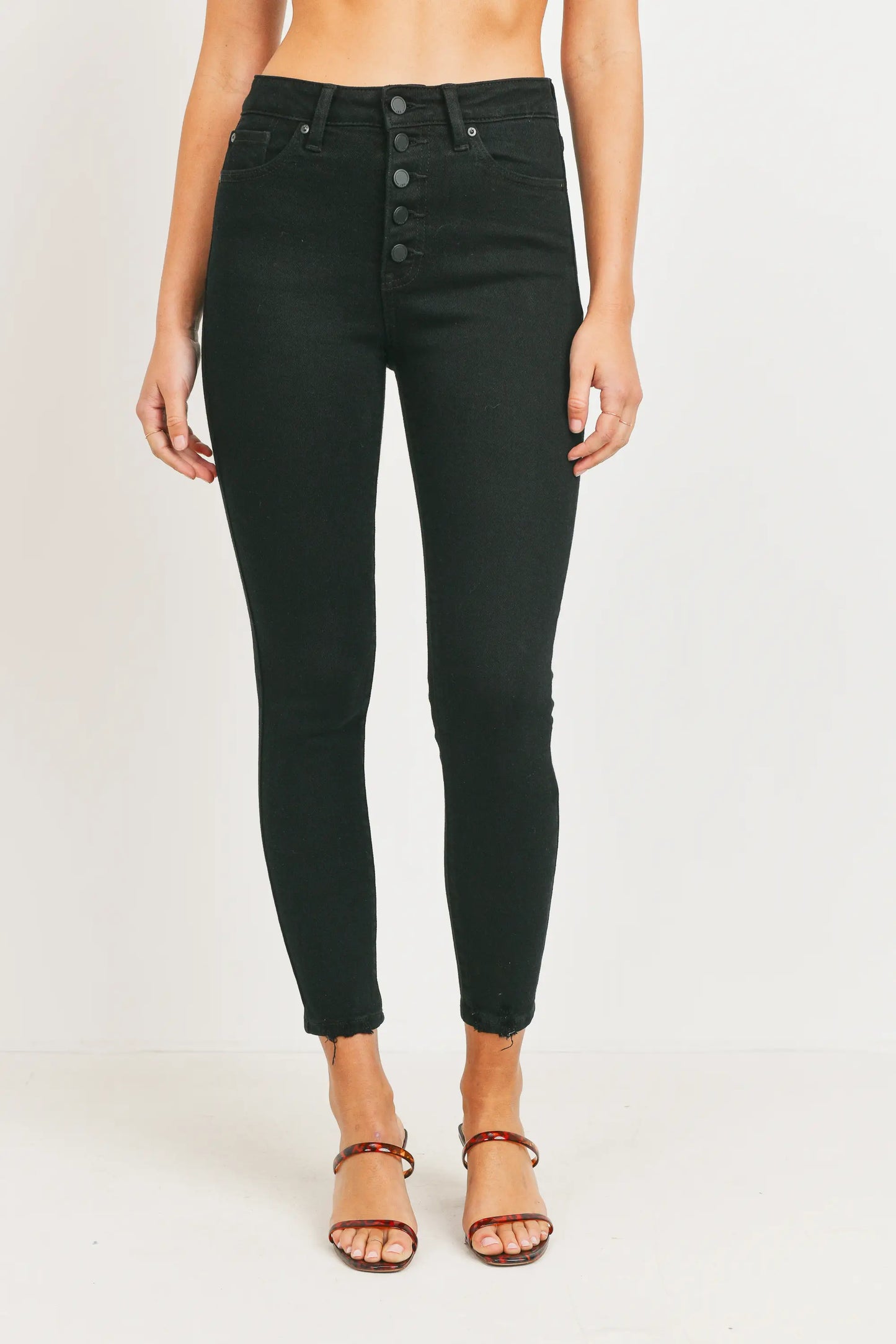 High Rise Button Up Ankle Fray Skinny Jeans - Black