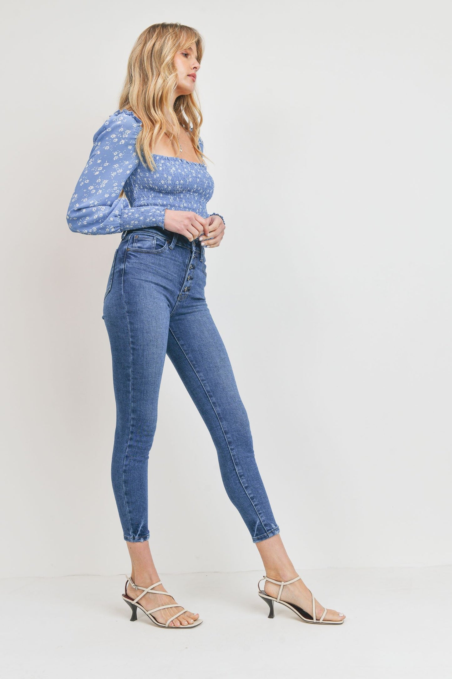 High Rise Button Up Ankle Fray Skinny Jeans - Dark Denim Wash