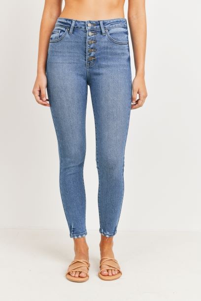 High Rise Button Up Ankle Fray Skinny Jeans - Medium Wash