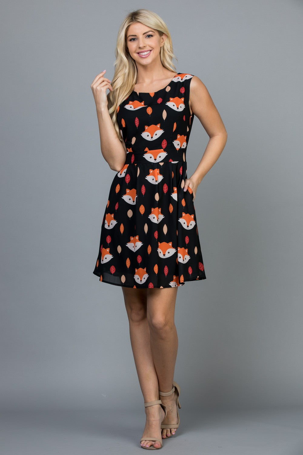 Black Fox Print Tie Back Dress