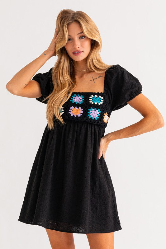 Puff Sleeve Crochet Top Babydoll Dress