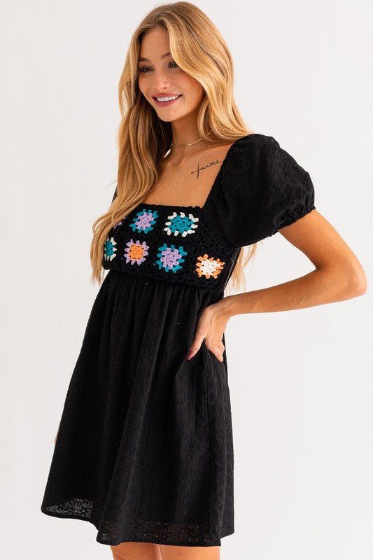 Puff Sleeve Crochet Top Babydoll Dress