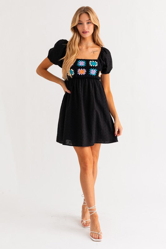 Puff Sleeve Crochet Top Babydoll Dress