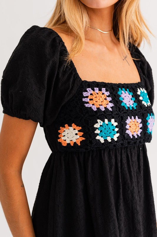 Puff Sleeve Crochet Top Babydoll Dress