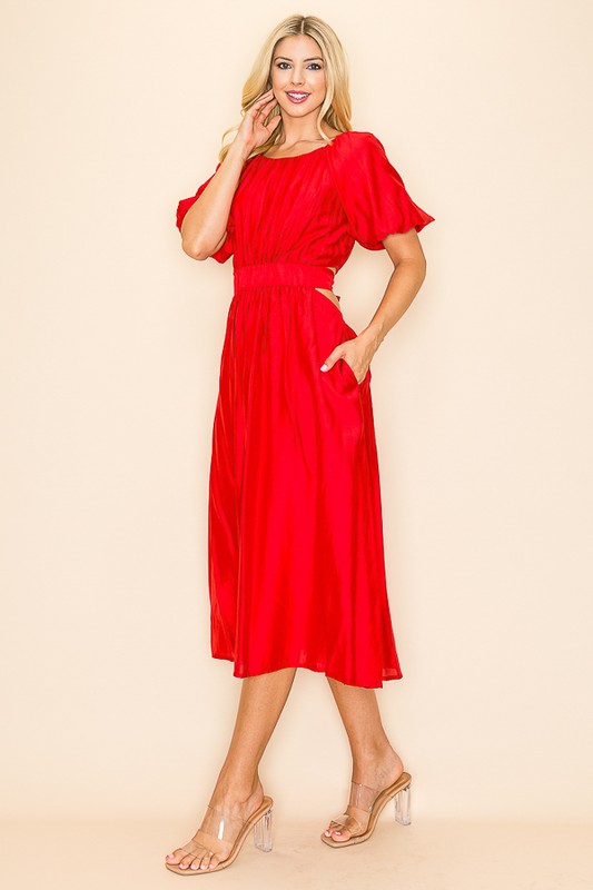 Short Puff Sleeve Cut Out Back Sash Tie Dress