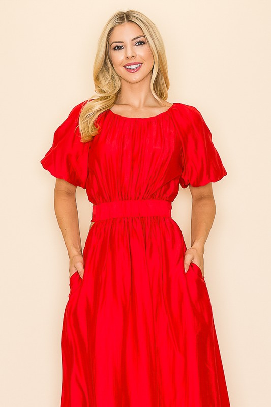 Short Puff Sleeve Cut Out Back Sash Tie Dress