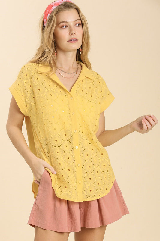 Lemon Eyelet Button Down Short Sleeve Top