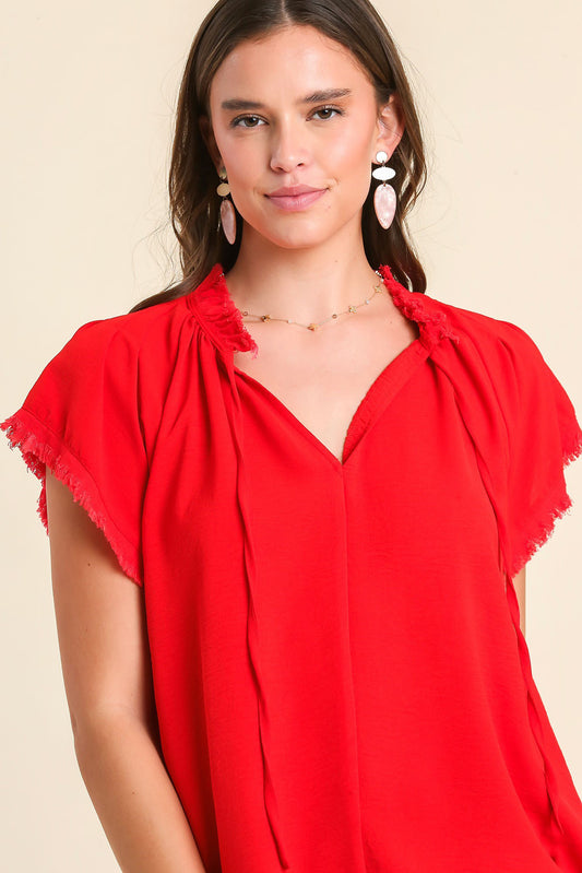Tie Split Neck Frayed Hem Short Sleeve Top