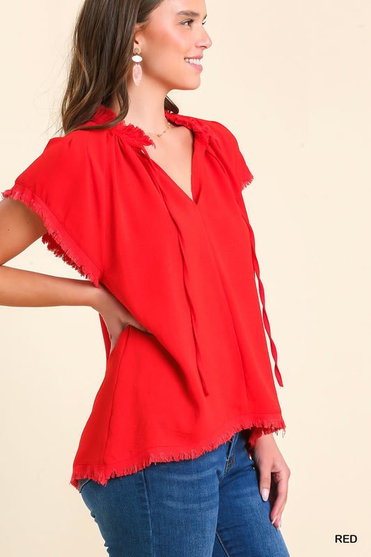 Tie Split Neck Frayed Hem Short Sleeve Top