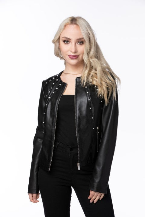 Pearl Studded Faux Leather Jacket